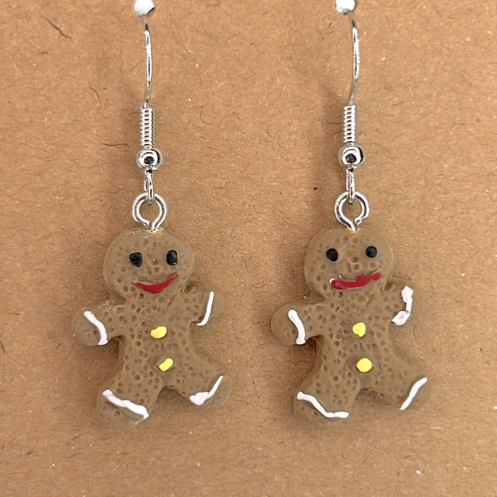 Festive Resin Gingerbread Man Charm Dangle Earrings Christmas